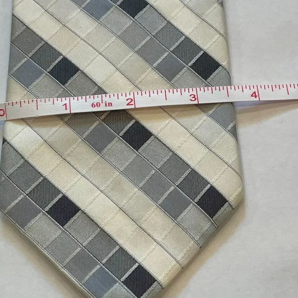 Murano Italy Gray, Ivory, Geometric Print Silk Tie, Y2K, 59.5 by 3.5
